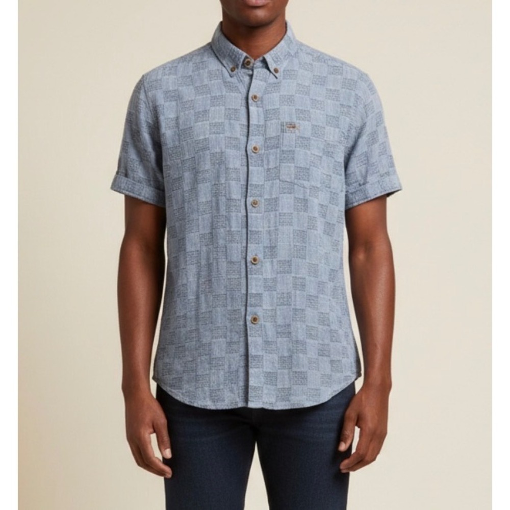 Territory Ahead Blue Checkered Linen Cotton Short‎ Sleeve Button Up Shirt Size S